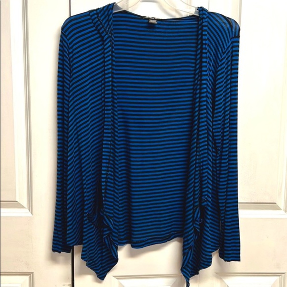 American Dream Blue Black Stripe Draped Rayon Blend Open Hooded Cardigan L